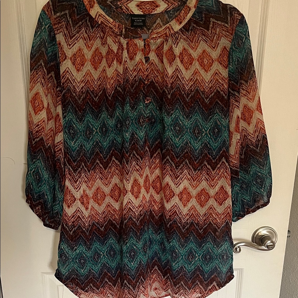 Faded Glory Teal, Rust & Cream Chevron Blouse
